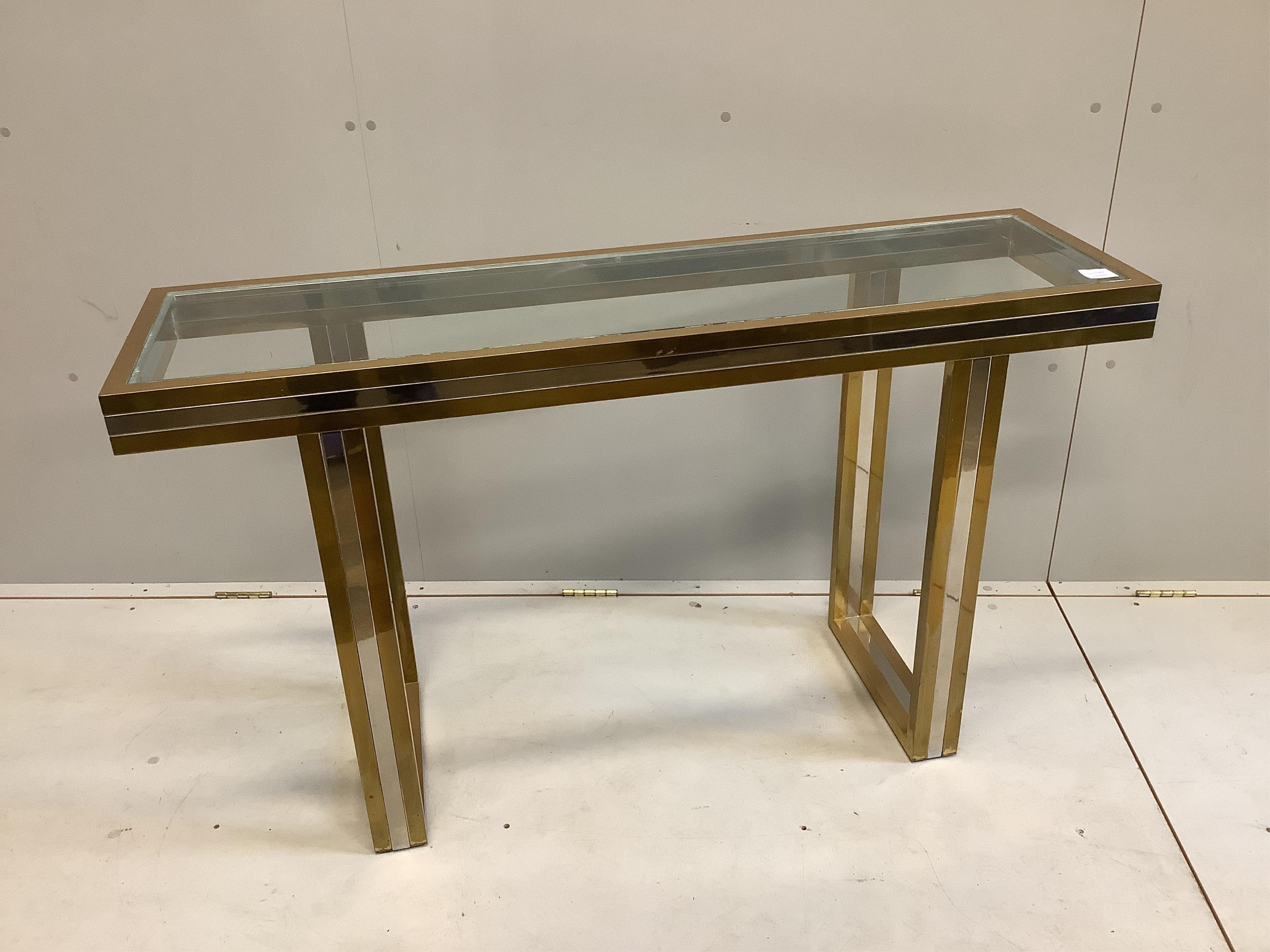 A glass and brass console table by Willy Rizzo, Nice South of France, width 130cm, depth 37cm, height 76cm